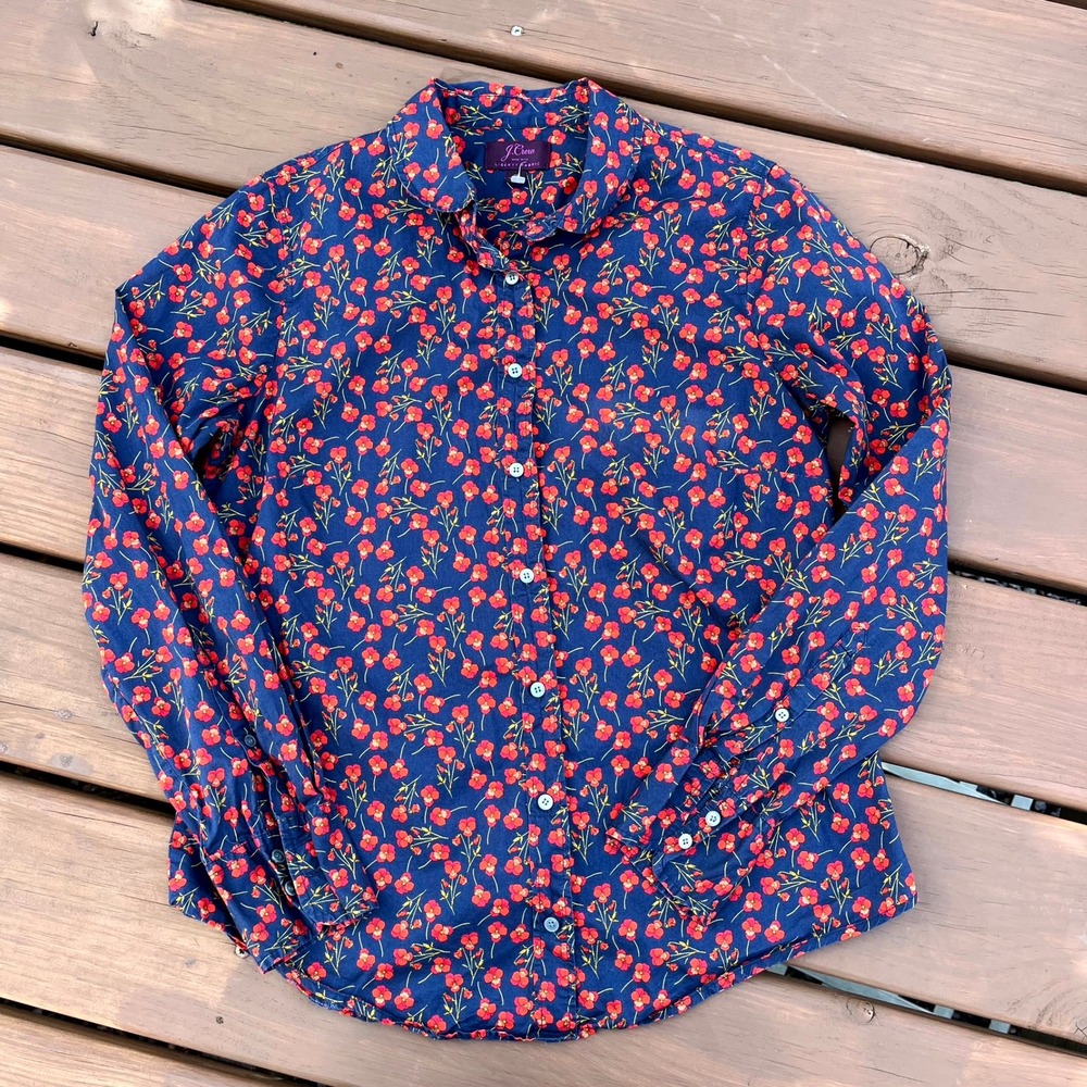 J.Crew Shirt Button Down Blouse Top Navy Red Poppy Floral Liberty of London 8